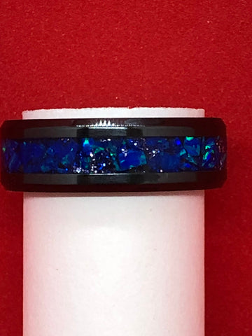 Black Ceramic Inlay Comfort Ring Size 12 Blue Opal